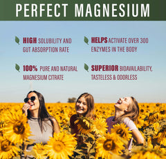 Perfect Supplements magnesium citrate powder jar close-up—transparent label and premium quality.