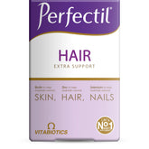 Perfectil bottle closeup illustrating daily hair health support with a vitamin-rich formula.