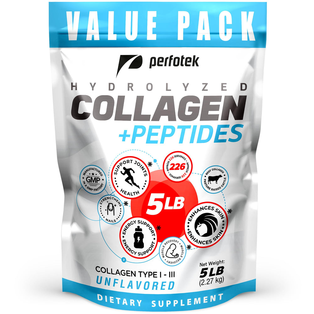 Perfotek Collagen Powder bottle showing grass-fed formula for daily wellness.