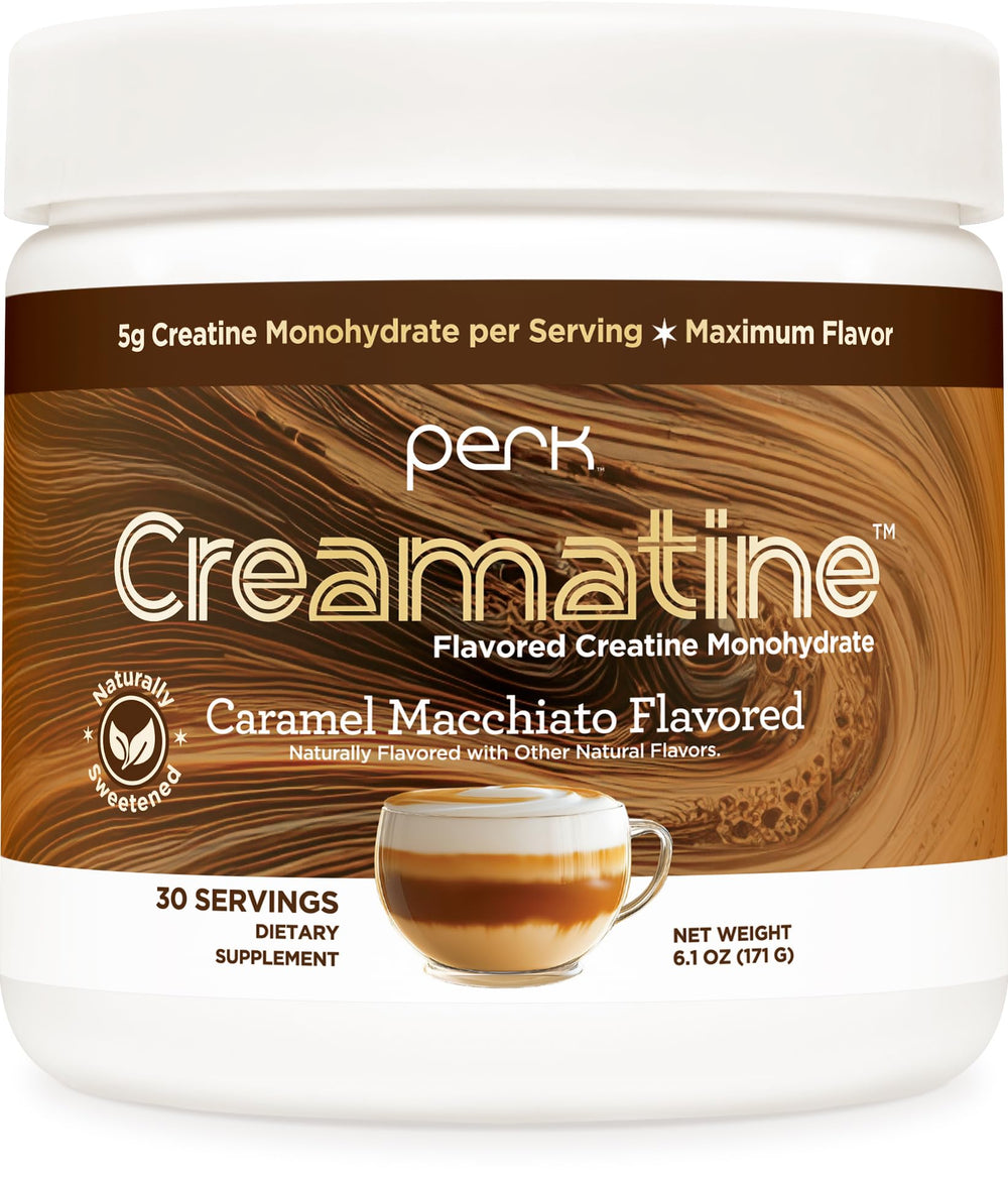 Perk Creamatine caramel macchiato bottle with 5g per serving for daily creatine support