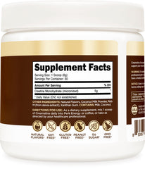 Perk Creamatine bottle label shows 5 g of creatine per serving.