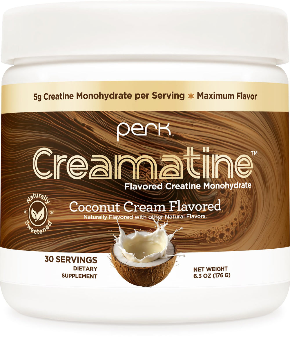 Perk Creamatine Coconut Cream tub with smooth, sugar-free creatine for daily use.