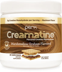 Perk Creamatine Marshmallow Graham scoop showing flavor and 5g creatine per serving for daily support