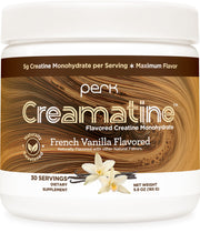 Perk Creamatine French Vanilla tub beside a mug for a creamy, sugar-free morning boost.