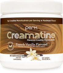 Perk Creamatine French Vanilla tub beside a mug for a creamy, sugar-free morning boost.