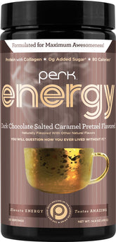 Perk Energy bottle shot showing protein-rich chocolate caramel pretzel flavor and servings.