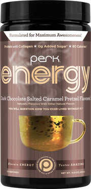 Perk Energy bottle shot showing protein-rich chocolate caramel pretzel flavor and servings.