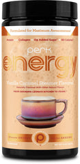 Perk Energy Vanilla Caramel Steamer powder tub ready to mix for a protein-rich beverage.