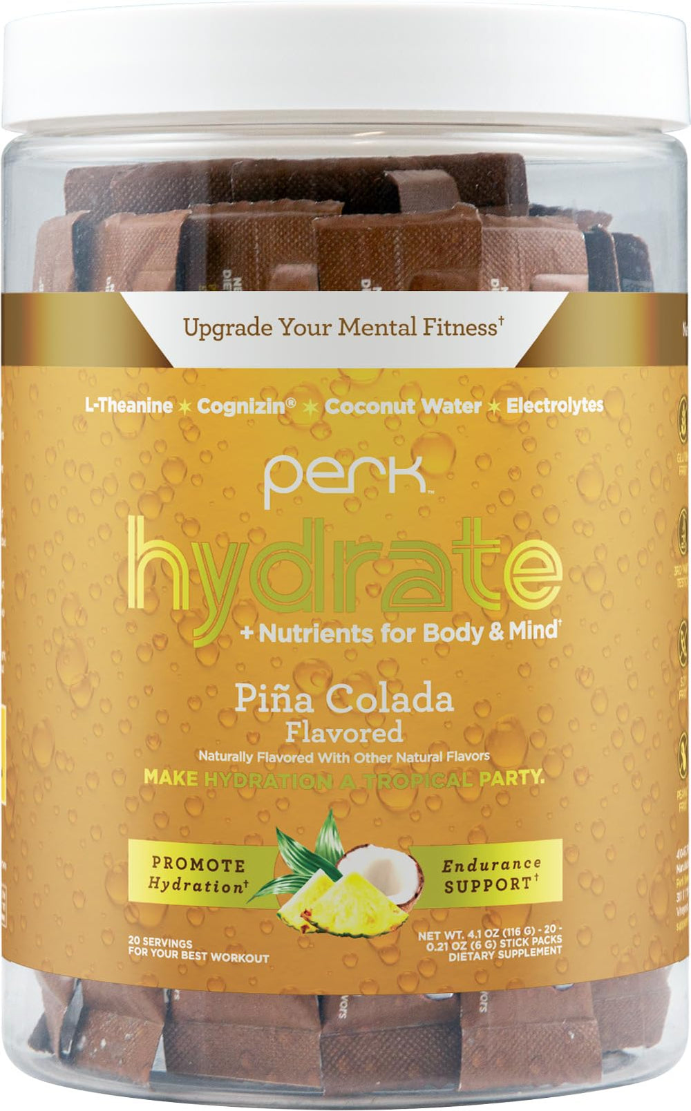 Perk Hydrate Pina Colada stickpack ideal for on-the-go hydration during workouts.