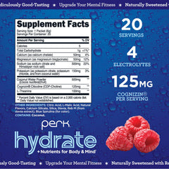 Perk Hydrate blue raspberry packets, back view, perfect for gym bag or travel kit.