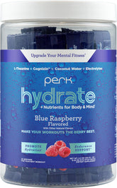 Perk Hydrate blue raspberry stickpacks, front view, ideal for on-the-go clean hydration.