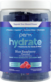 Perk Hydrate blue raspberry stickpacks, front view, ideal for on-the-go clean hydration.