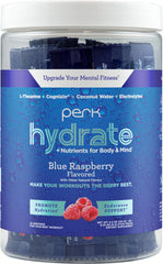 Perk Hydrate blue raspberry stickpacks, front view, ideal for on-the-go clean hydration.