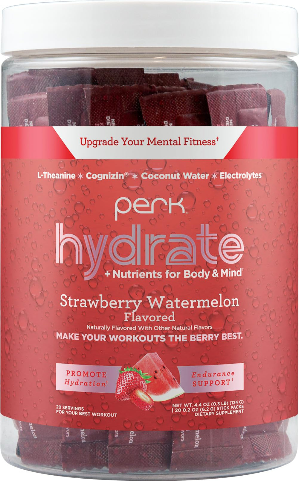 Perk Hydrate stickpack front view for portable hydration during workouts.