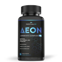 PERPETUA.LIFE AEON bottle front with vegan capsules for daily vitality.