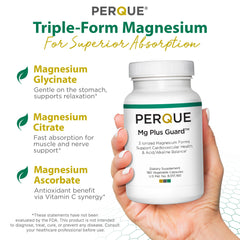 PERQUE Mg Plus Guard capsules close-up showing smooth magnesium glycinate texture for gentle daily support.