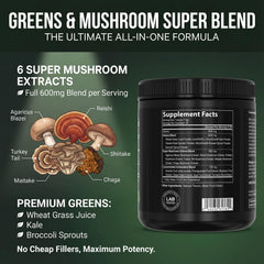 PEScience Greens Powder mushroom blend closeup highlights functional mushrooms for daily wellness.