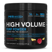 PEScience High Volume bottle being poured, showing stim-free pump support