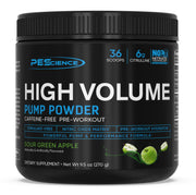 PEScience High Volume Sour Green Apple bottle pouring, stimulant-free pumps for focused workouts