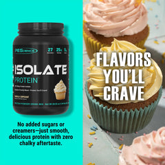 PEScience Isolate Vanilla Cupcake label close-up highlighting a pure whey isolate.