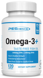 PEScience Omega-3+ softgels close-up highlighting their small size for easy swallowing.