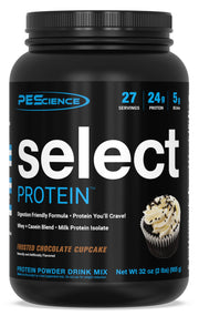 PEScience Select Frosted Chocolate Cupcake bottle shows protein blend for daily fueling