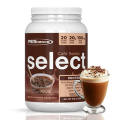 PEScience Select Cafe tub front displays 20g protein per serving