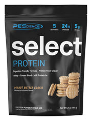 PEScience Select Peanut Butter Cookie tub front view highlighting premium protein blend