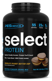 PEScience Select protein tub with chocolate peanut butter cup flavor supports lean muscle
