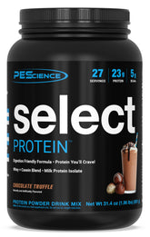PEScience Select Chocolate Truffle tub with packaging for post-workout shakes
