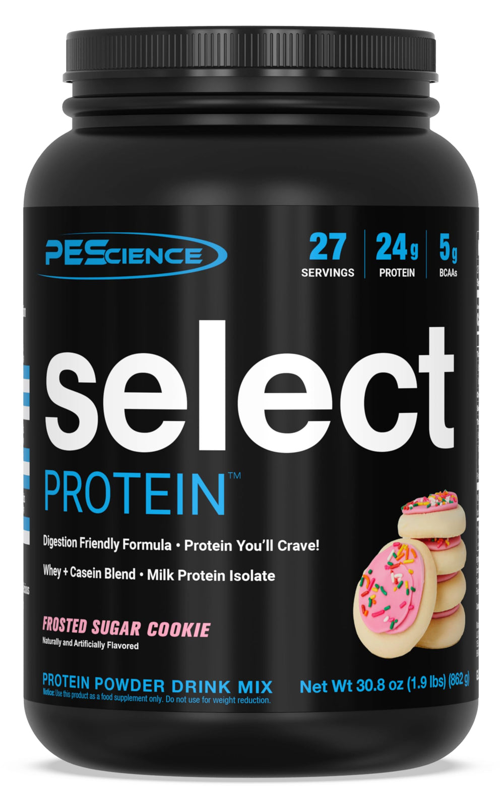 PEScience Select Protein Frosted Sugar Cookie bottle label shows flavor.