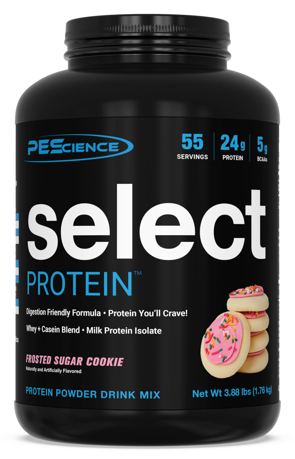 PEScience Select Frosted Sugar Cookie front label showing premium protein blend.