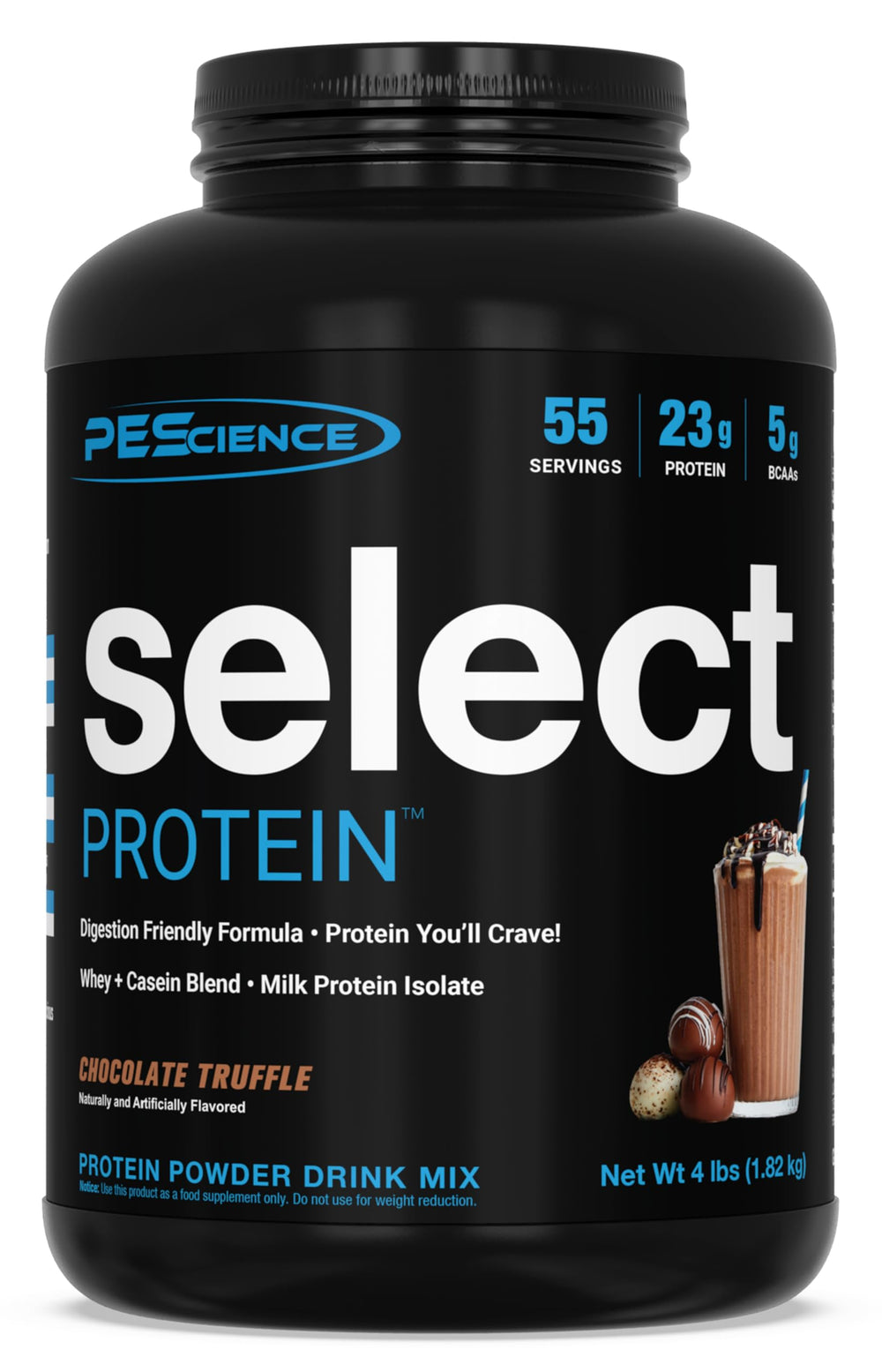 PEScience Select Chocolate Truffle protein powder tub highlighting premium protein blend.