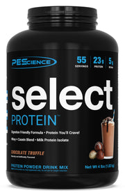 PEScience Select Chocolate Truffle protein powder tub highlighting premium protein blend.