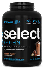 PEScience Select Chocolate Truffle protein powder tub highlighting premium protein blend.