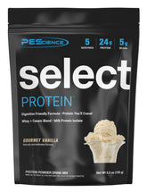 PEScience Select Protein powder tub front with Gourmet Vanilla flavor for clean fueling.