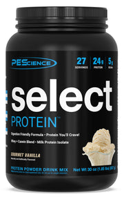 PEScience Select Vanilla protein powder tub with a smooth, high-protein formula.