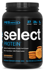 PEScience Select Snickerdoodle bottle showing gluten-free, keto-friendly protein option