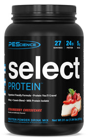 PEScience Select Strawberry Cheesecake tub front label shows high protein and low calories.