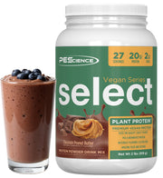 PEScience Select Vegan Chocolate Peanut Butter tub showing creamy plant-based protein.