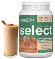 PEScience Select Vegan Cinnamon Delight bottle pour showing smooth plant-based protein for shakes.