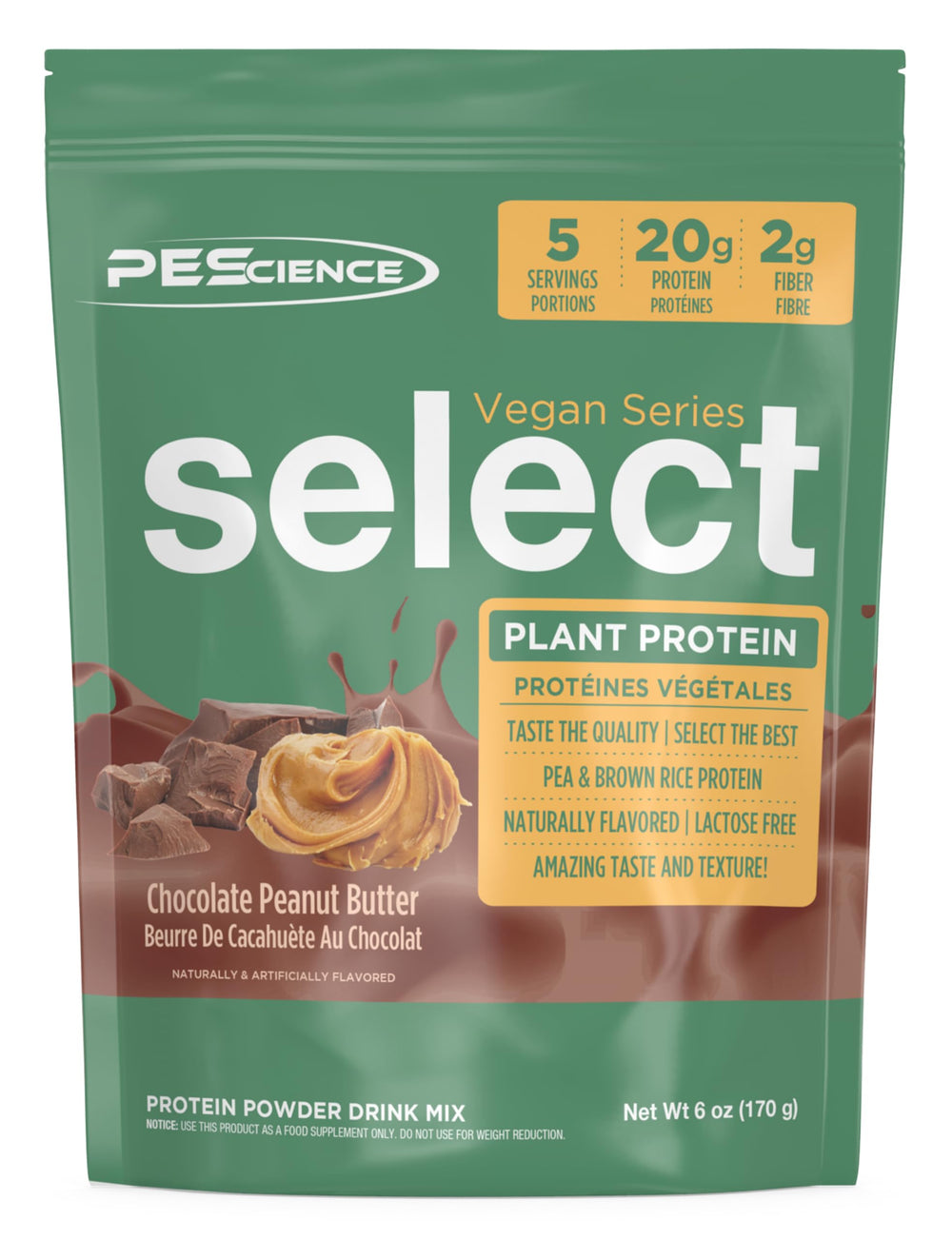 PEScience Select Vegan Chocolate Peanut Butter bag front highlights a dairy-free protein option for active lifestyles