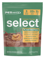 PEScience Select Vegan Chocolate Peanut Butter bag front highlights a dairy-free protein option for active lifestyles