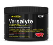 PEScience Versalyte Charged front label shows sugar-free hydration with caffeine for workouts