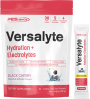 PEScience Versalyte stick-pack in black cherry for on-the-go hydration.