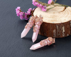 PESOENTH rose quartz hexagonal pendant with rose-gold wrap for a refined look.