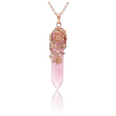 PESOENTH rose quartz pendant wrapped with flower cap, elegant and balanced.