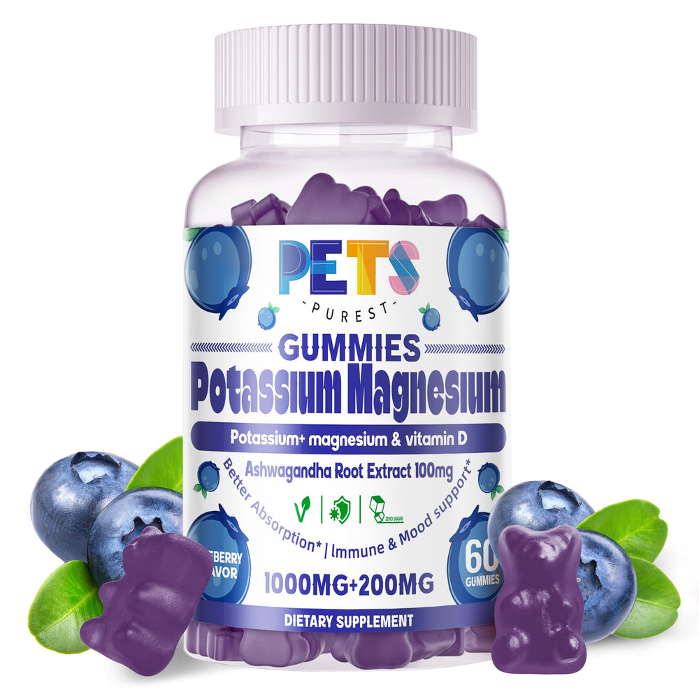Pets Purest Potassium Magnesium Gummies blueberry bottle supports daily energy and leg comfort.