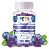 Pets Purest Potassium Magnesium Gummies blueberry bottle supports daily energy and leg comfort.