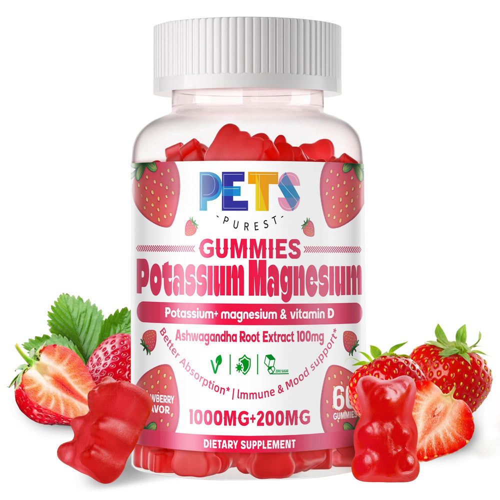 Pets Purest Potassium Magnesium Gummies bottle with strawberry flavor for daily energy support
